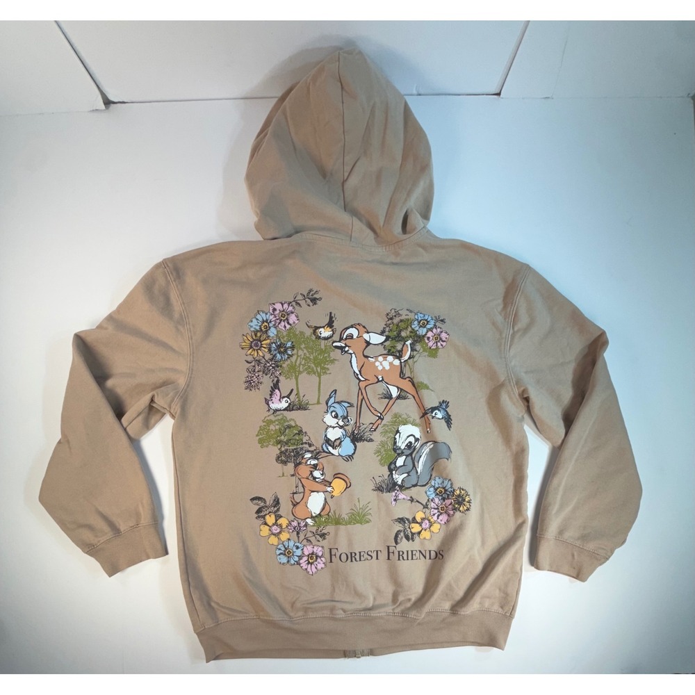 Disney Bambi Forest Friends Full Zip Hoodie Tan Brown Medium Graphic Sweatshirt